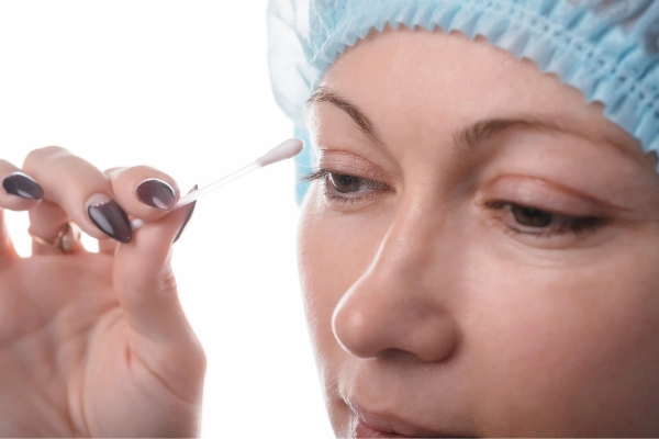 یک خانم در حال انجام مراقبت های بعد از عمل بلفاروپلاستی