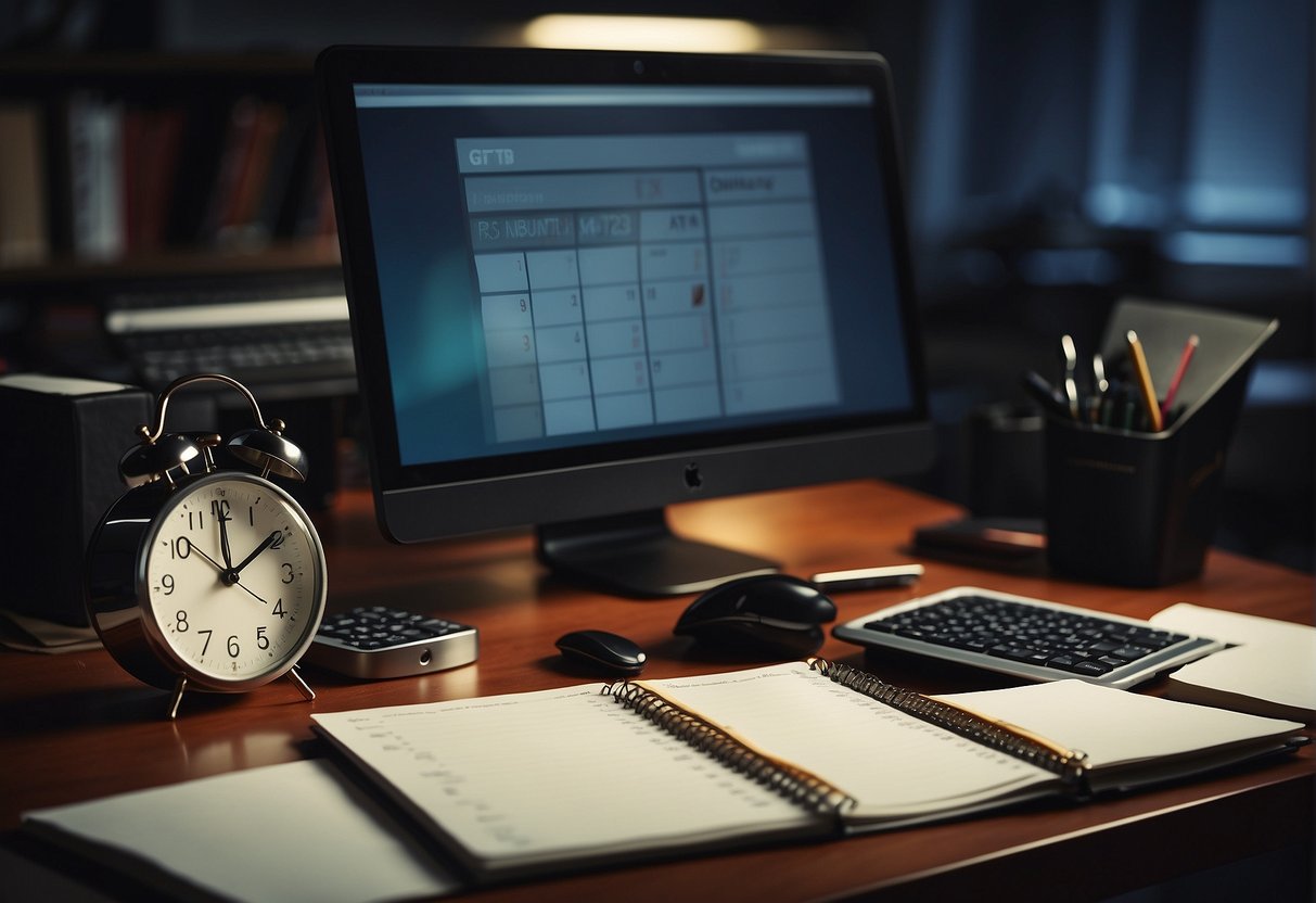 دفتر و ساعت روی میز و مانیتور کامپیوتر